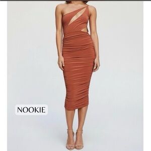 NOOKIE Envy Rust Ruched One-Shoulder Midi Dress - NWT - Size L - Revolve